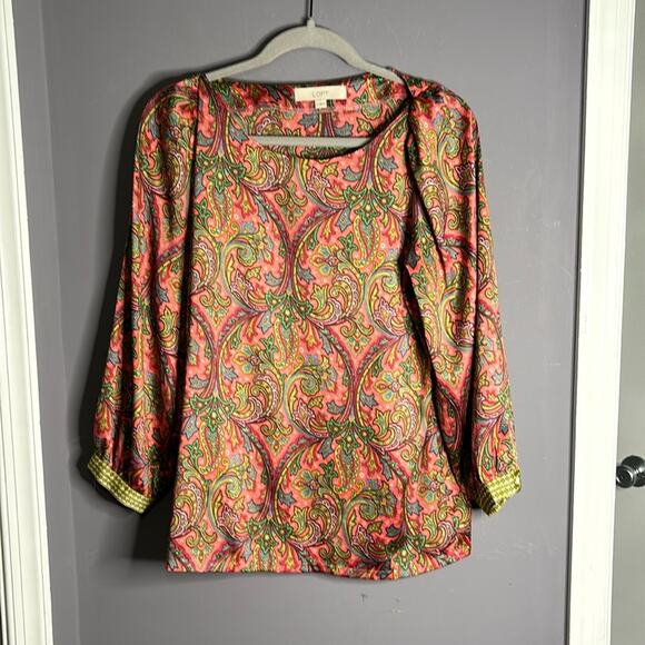 Loft Pink and Green Paisley Print Long Sleeve Silky Blouse Size Small - Picture 6 of 8